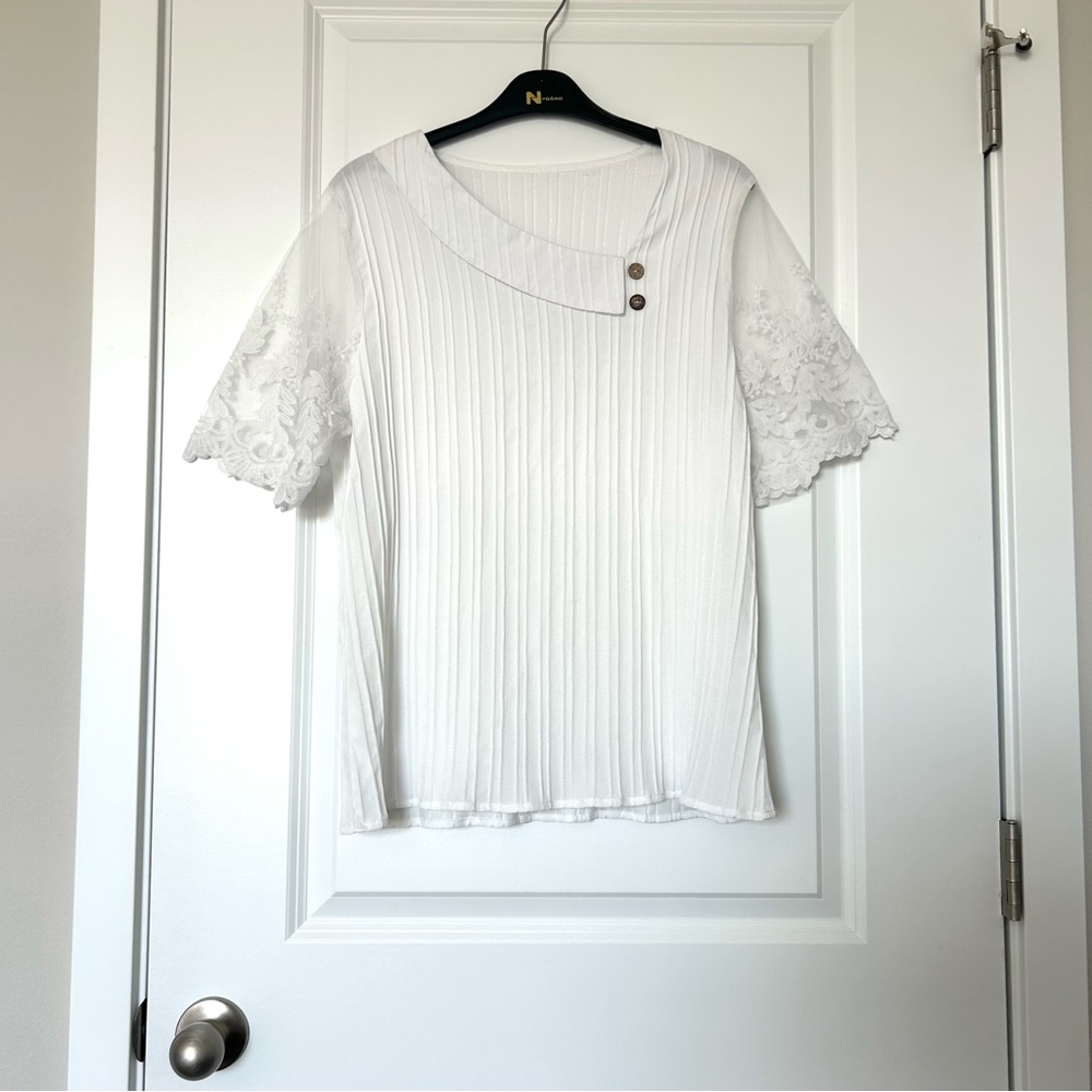 Asymmetrical Neckline Top with Lace Sleeves White